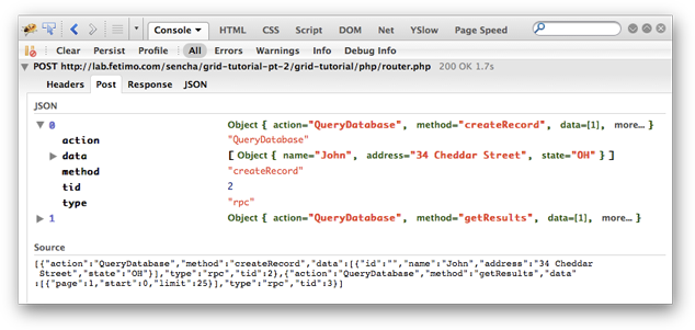 Firebug showing the JSON that contains the data to create a record