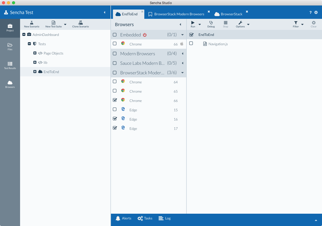 Test runner screen with BrowserStack browsers